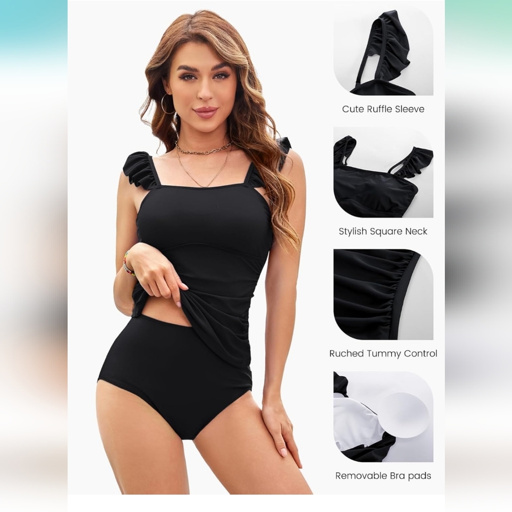 Stylish Black Ruffle Sleeve Swimsuit
